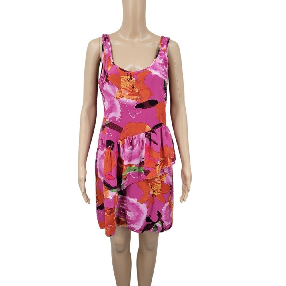 Trina Turk Silk Floral Sleeveless Dress Asymmetrical Peplum Ruffle Pink Orange